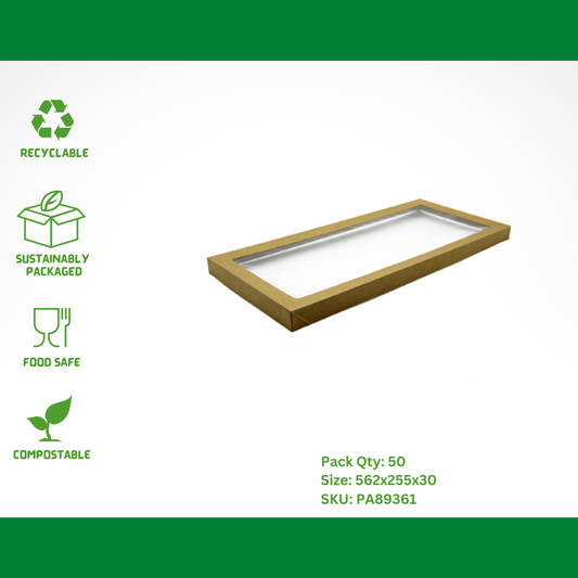 Kraft Catering Tray 3 Lid, Plain with PET 562x255x30mm - 50