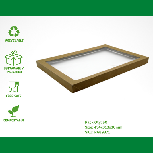 Kraft Catering Tray 4 Lid, Plain with PET 454x313x30mm - 50